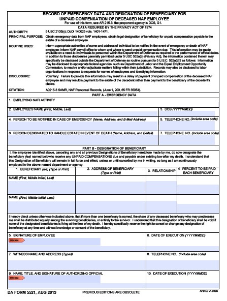 DA Form 5521 form preview