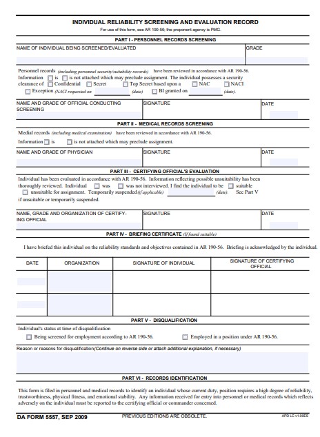 DA Form 5557 form preview