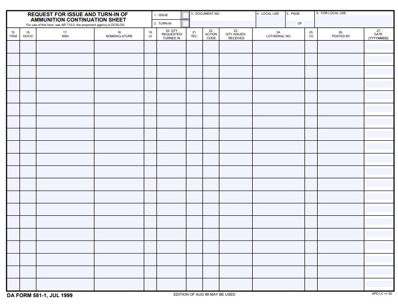 DA Form 581-1 form preview