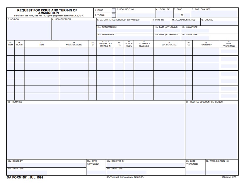 DA Form 581 form preview