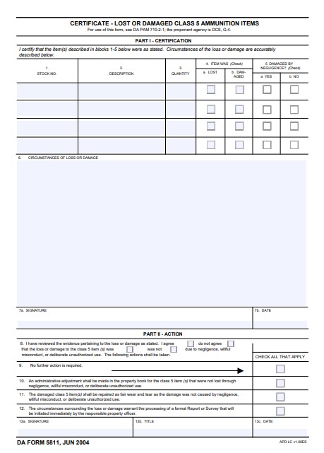 DA Form 5811 form preview