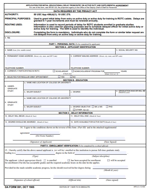 DA Form 591 form preview