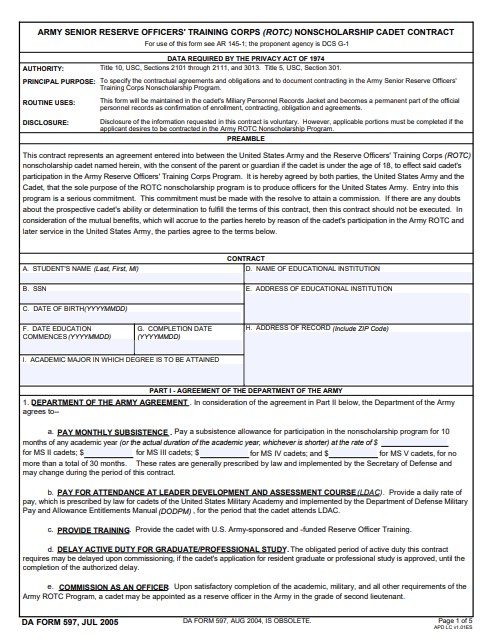 DA Form 597 form preview