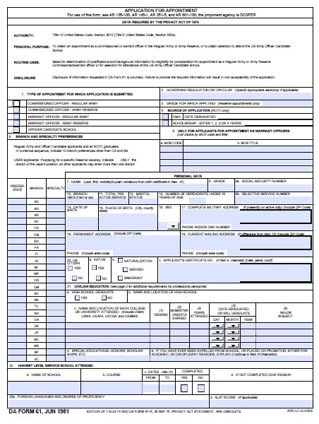 DA Form 61 form preview