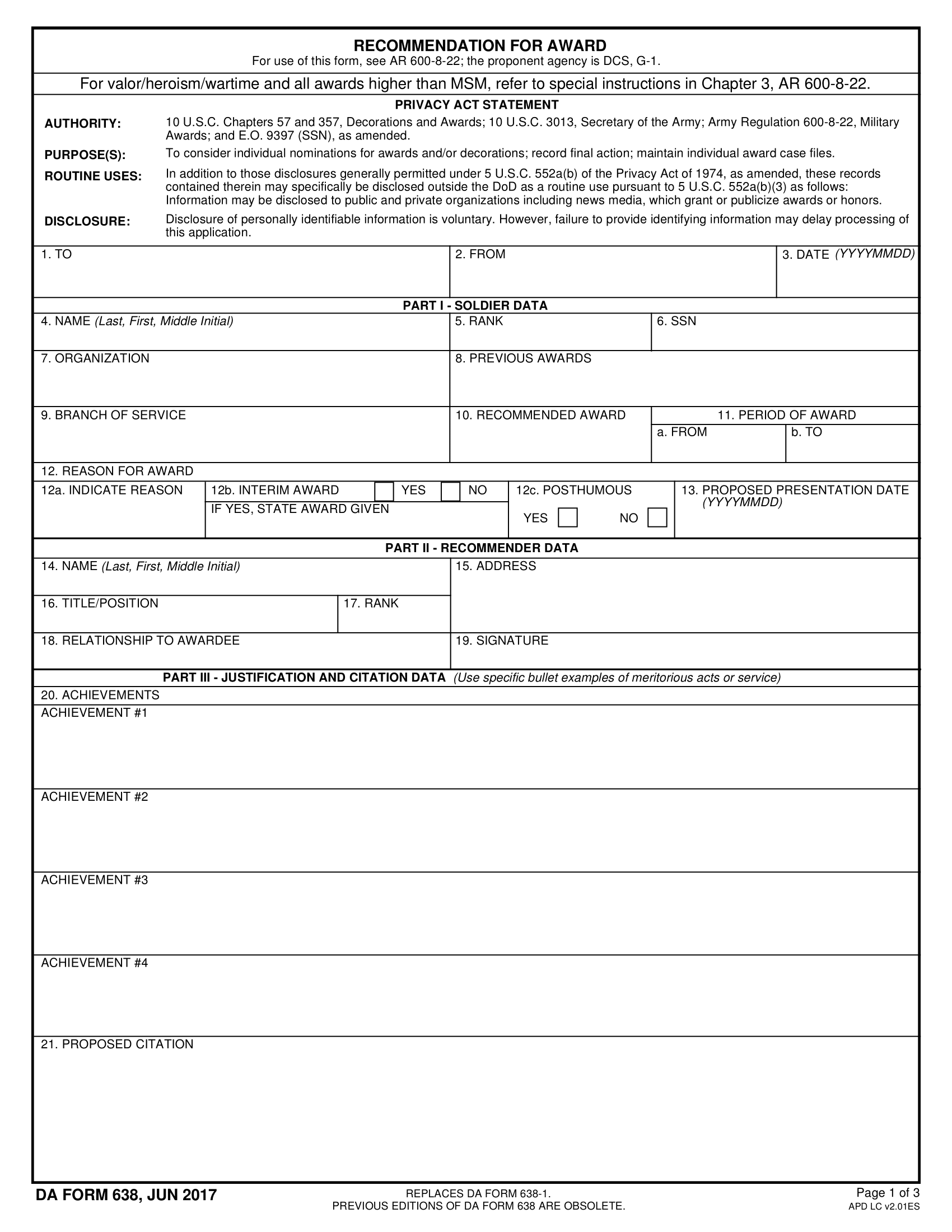 DA Form 638 form preview