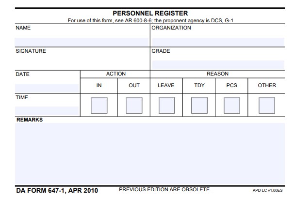 DA Form 647-1 form preview