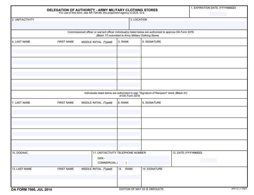 DA Form 7000 form preview