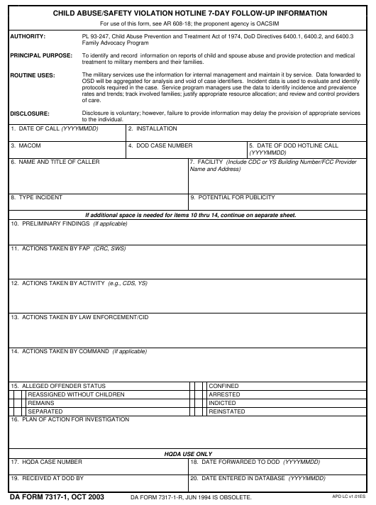 DA Form 7317-1 form preview