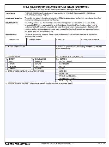 DA Form 7317 form preview