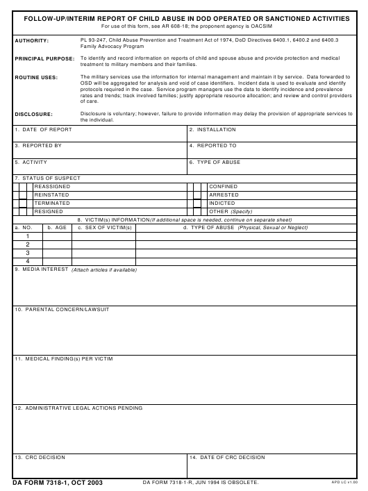 DA Form 7318-1 form preview