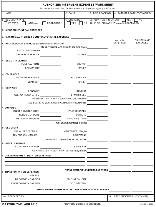 DA Form 7405 form preview