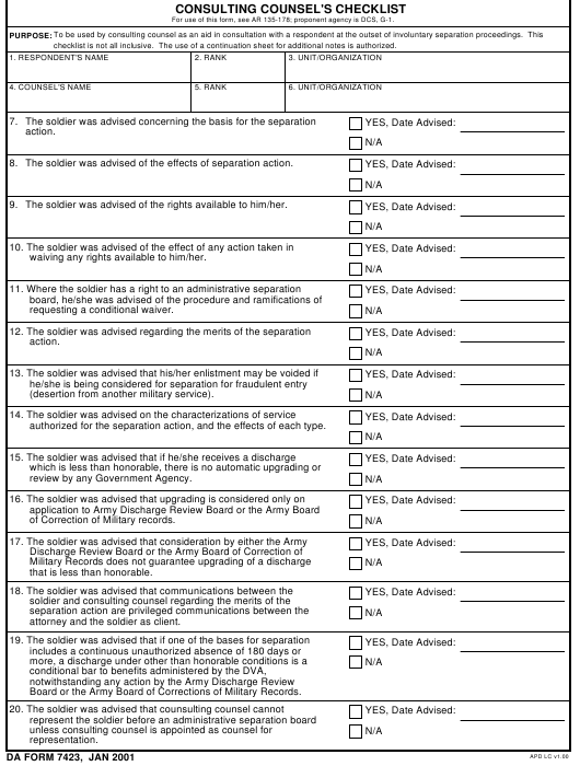 DA Form 7423 form preview