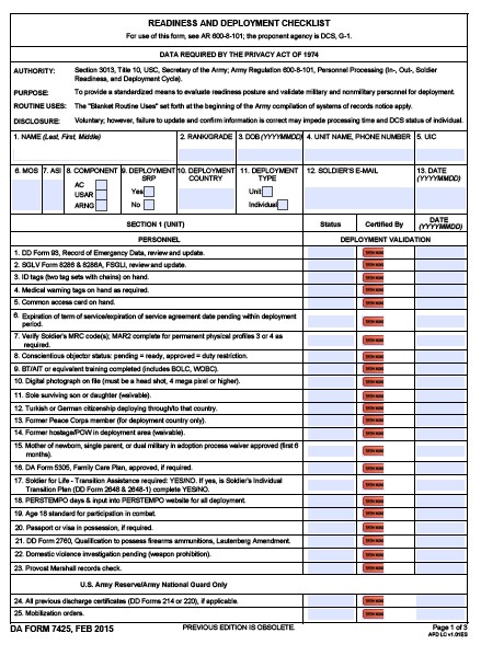 DA Form 7425 form preview