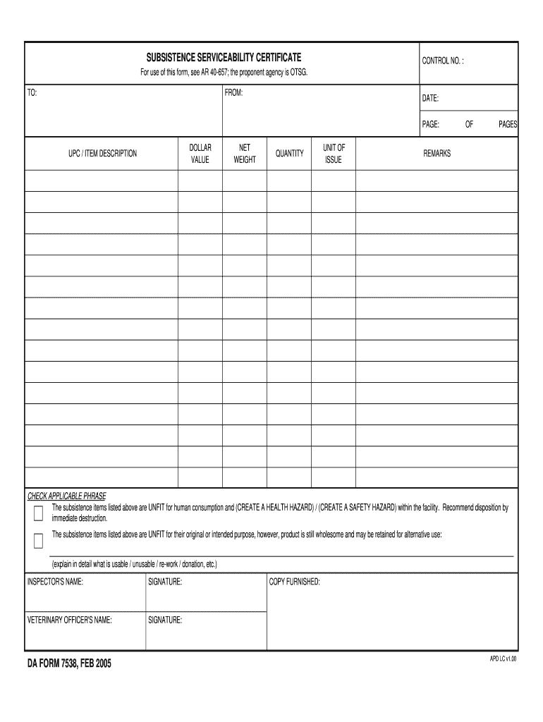 DA Form 7538 form preview