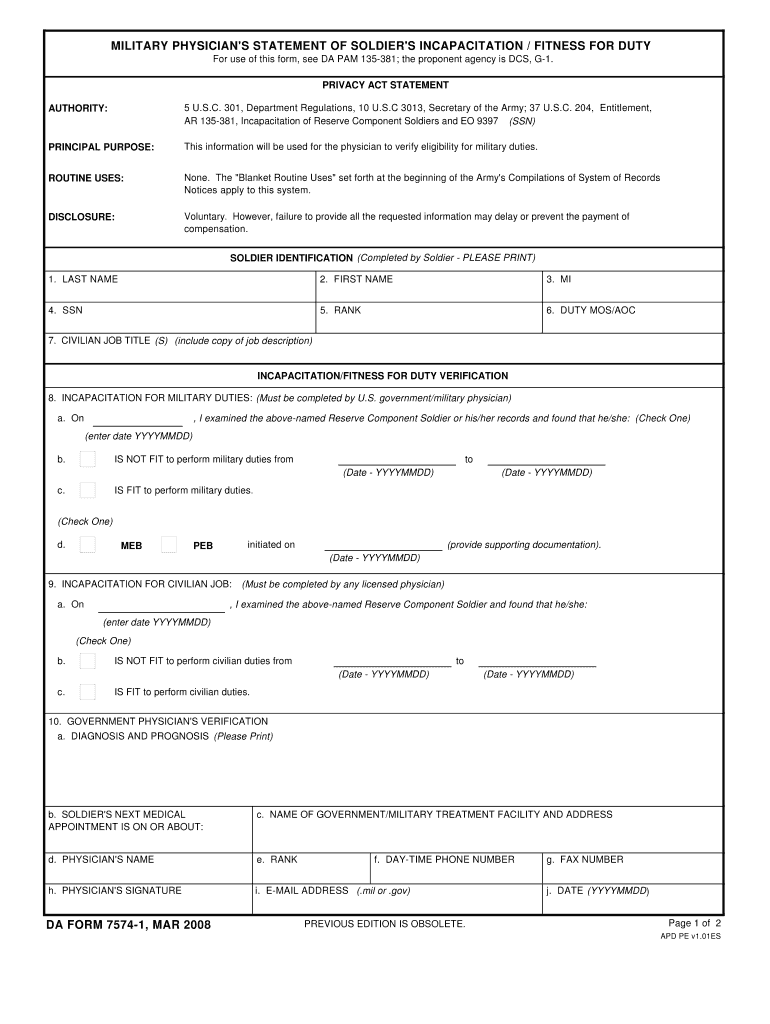 DA Form 7574-1 form preview