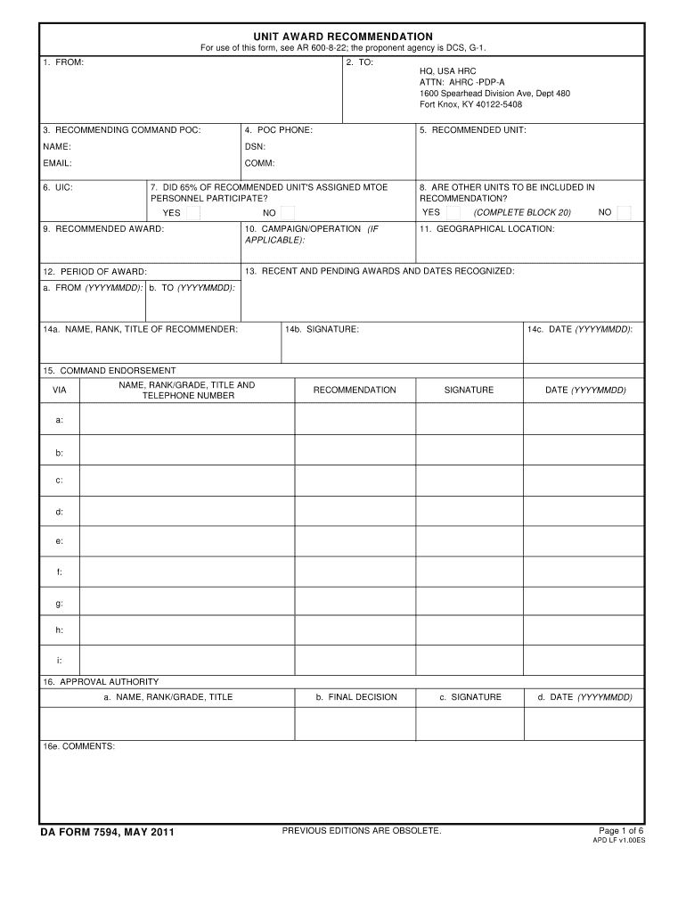 DA Form 7594 form preview