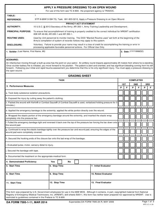 DA Form 7595-1-11 form preview