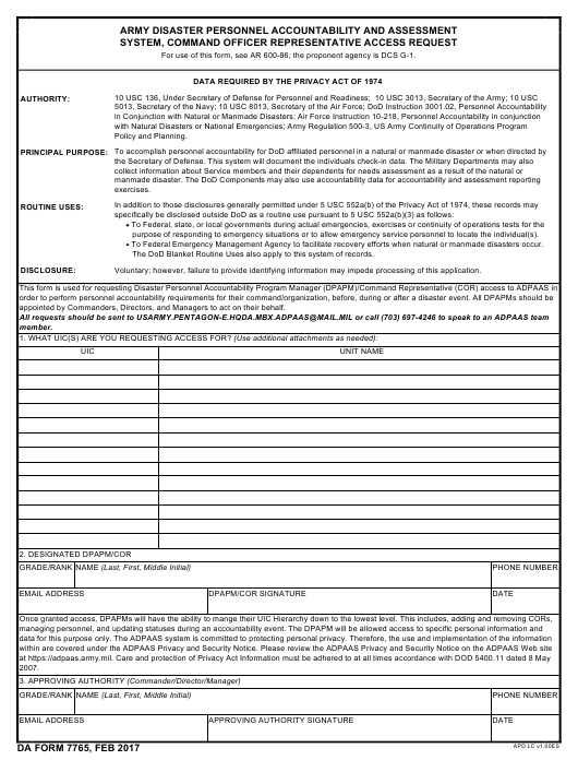 DA Form 7765 form preview