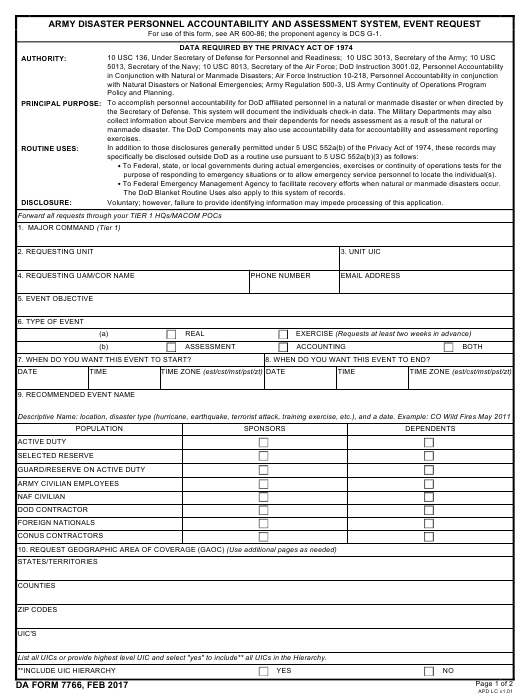 DA Form 7766 form preview