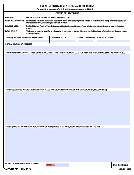 DA Form 7791 form preview