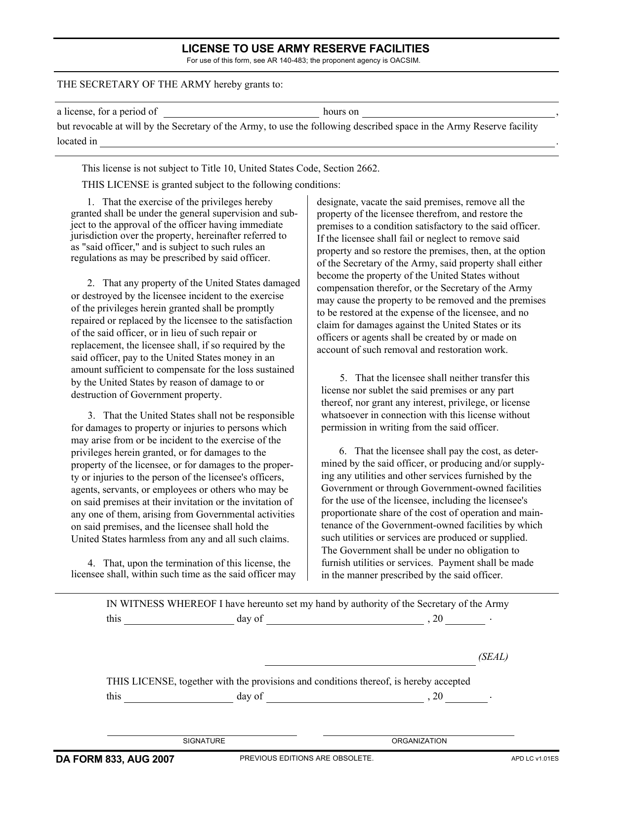 DA Form 833 form preview