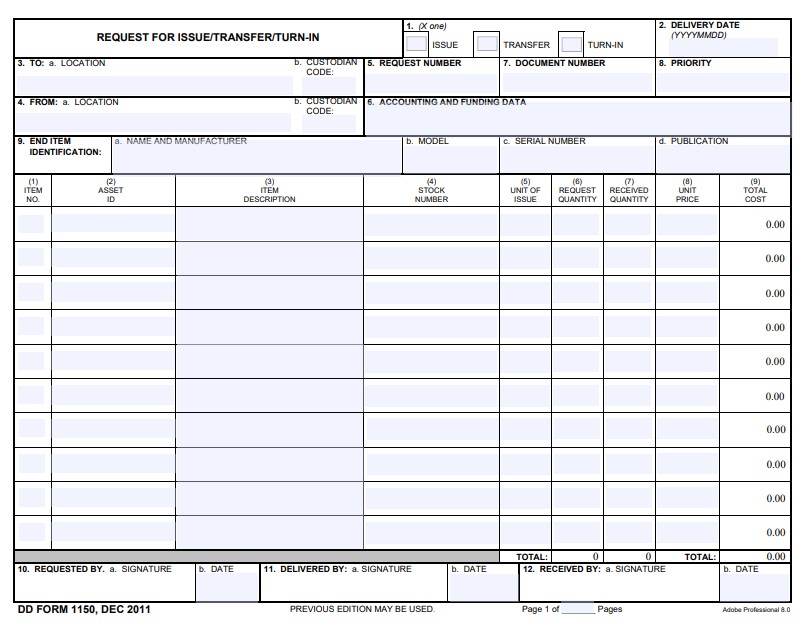 DD Form 1150 form preview