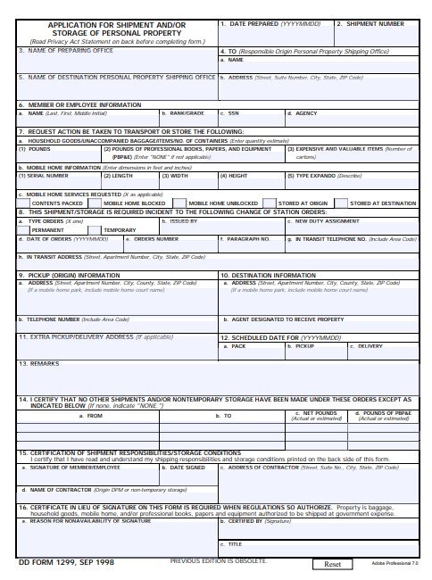 DD Form 1299 form preview