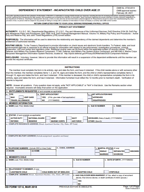 DD Form 137-5 form preview