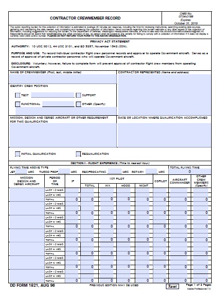 DD Form 1821 form preview