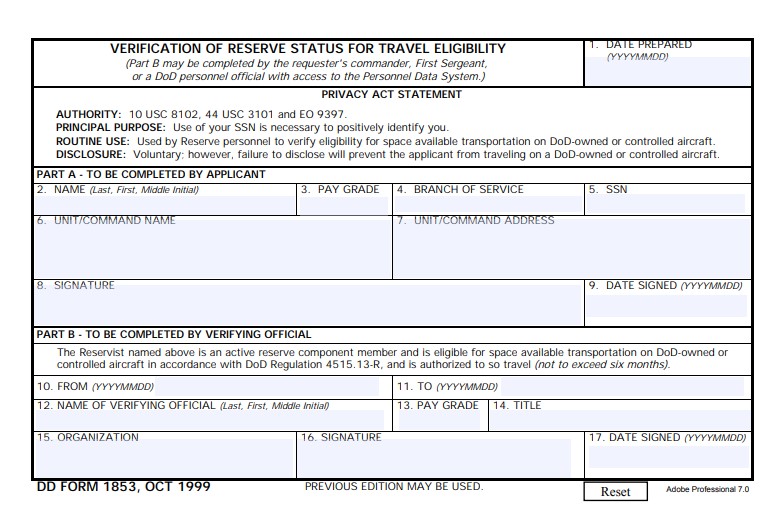 DD Form 1853 form preview