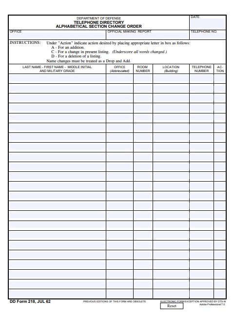 DD Form 218 form preview