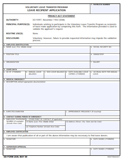 DD Form 2539 form preview