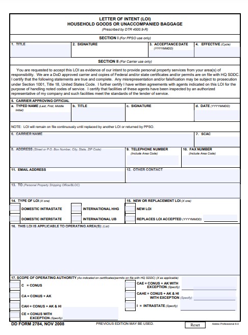 DD Form 2784 form preview