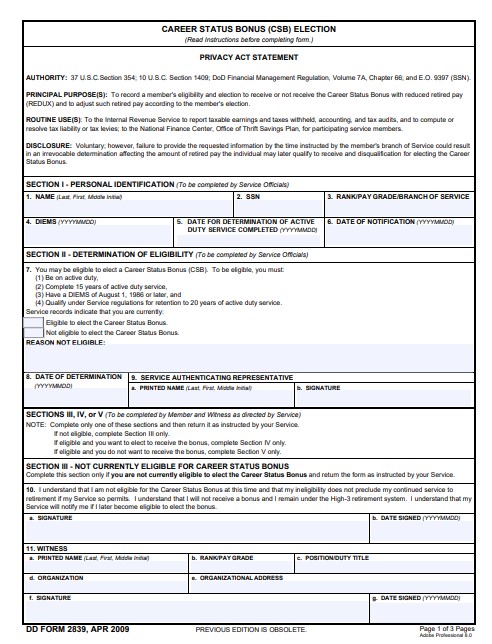 DD Form 2839 form preview