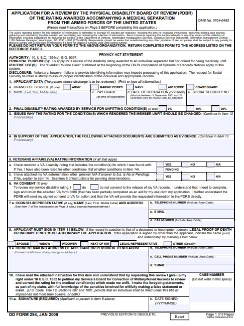 DD Form 294 form preview