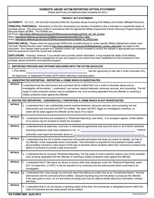 DD Form 2967 form preview
