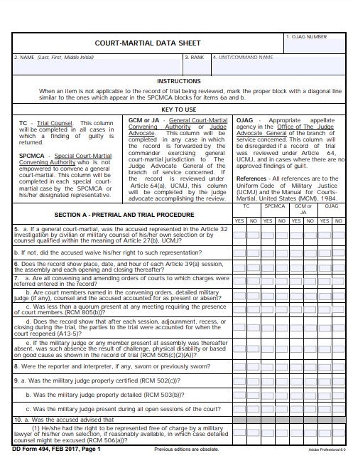DD Form 494 form preview