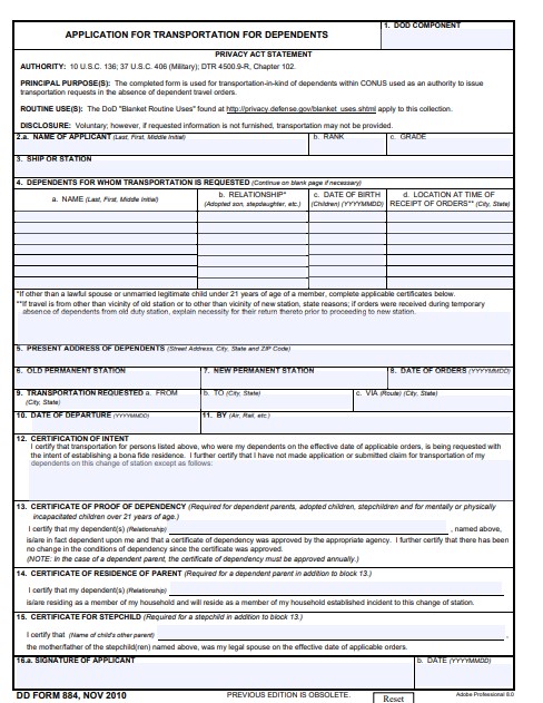 DD Form 884 form preview