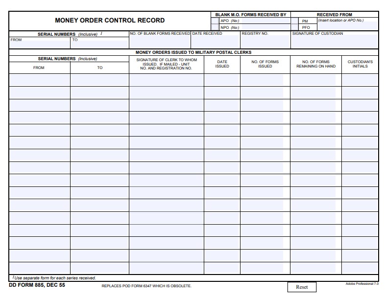 DD Form 885 form preview